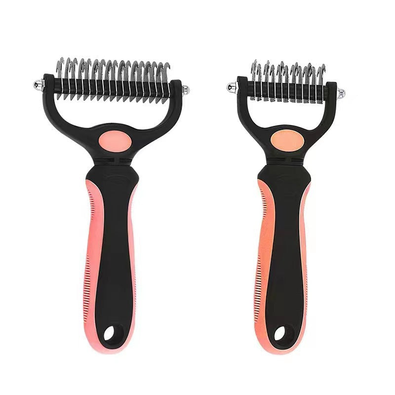 Two pet grooming tools with black and pink handles on a white background