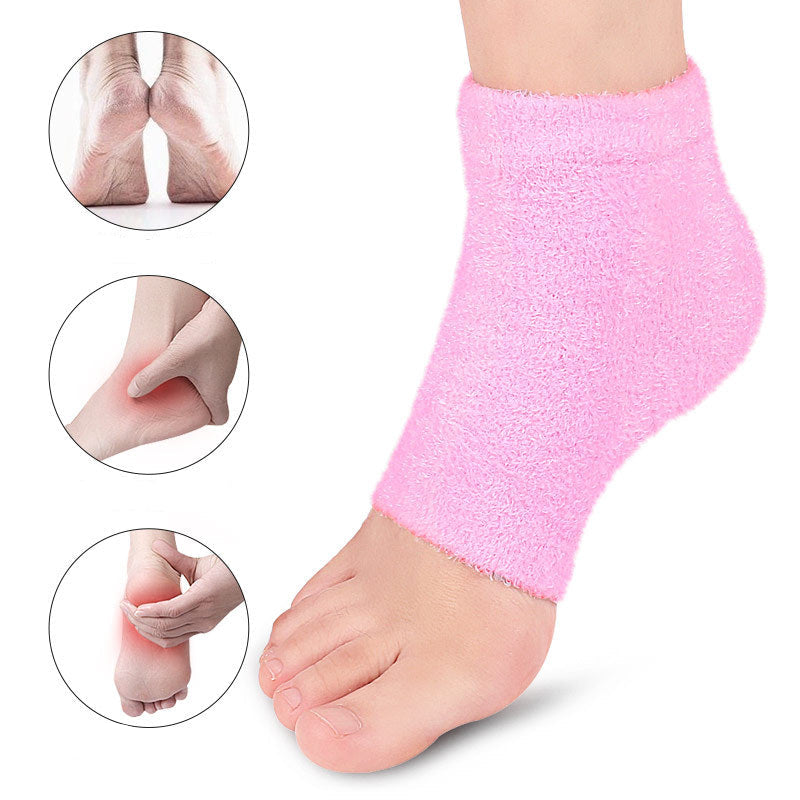 Pink foot care sock with close-up insets on a white background