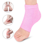 Pink foot care sock with close-up insets on a white background