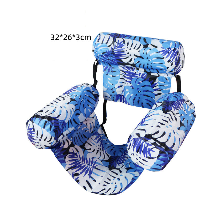 Blue and white patterned inflatable pool float on a white background