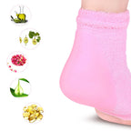 Close-up of a foot wearing a pink towel with cosmetic ingredients displayed.