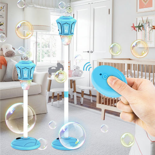 Bubble machine with remote control in a living room setting