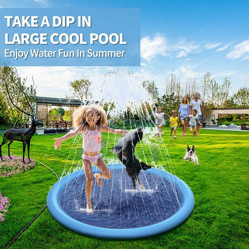 Children playing in a large inflatable pool with text promoting water fun in summer.