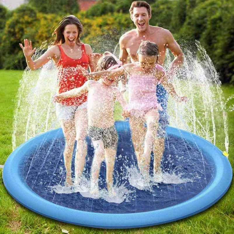 Family playing on a inflatable water pad in a garden
