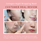 Collagen night wrapping mask review with 'Before' and 'After' images on a pink background.