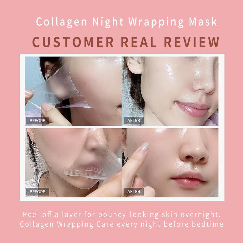 Collagen night wrapping mask review with 'Before' and 'After' images on a pink background.