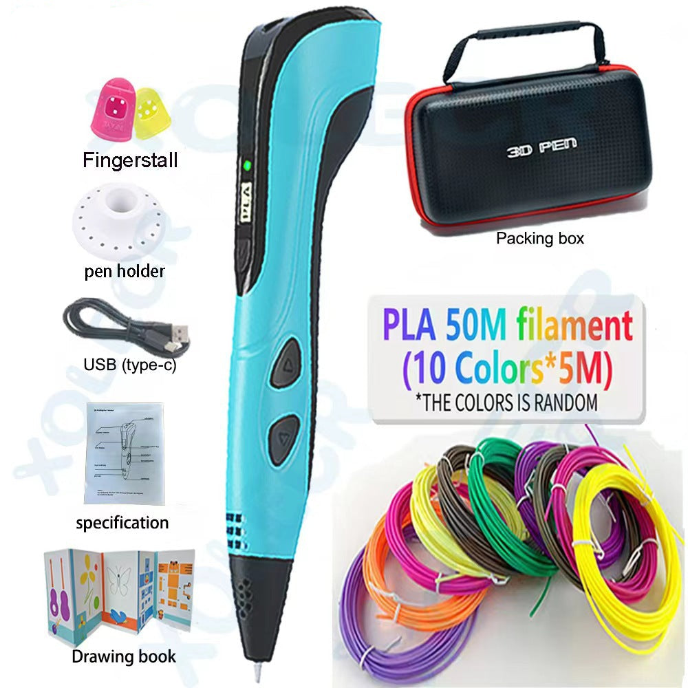 3D pen set with accessories including pen, filament, carrying case, and documentation on a white background.