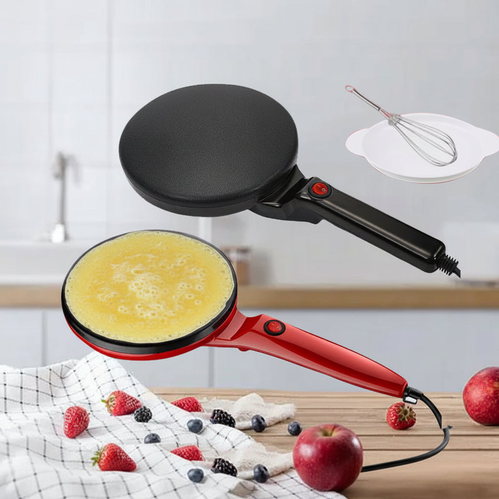 Roti maker with a cooking surface and an egg beater attachment on a kitchen counter.