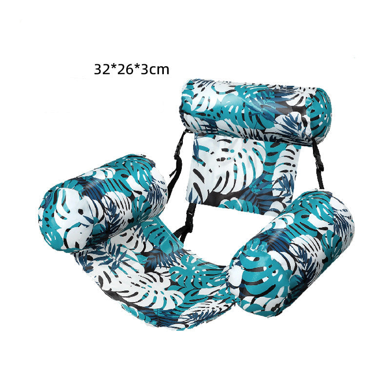 Blue and white patterned inflatable seat on a white background