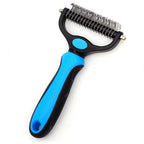Pet grooming tool with blue handle and metal teeth on a white background.