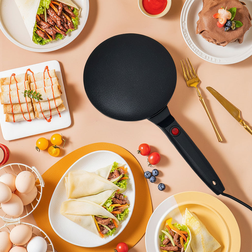 Black electric non-stick crepe maker on a table with food and utensils
