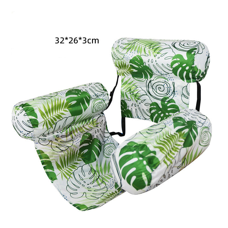 Three green leaf-patterned inflatable pool float on a white background with text.