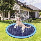 Dog playing in a inflatable water pad on a grassy lawn with a house in the background
