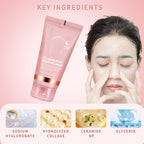 Collagen night wrapping mask with key ingredients displayed on a pink background