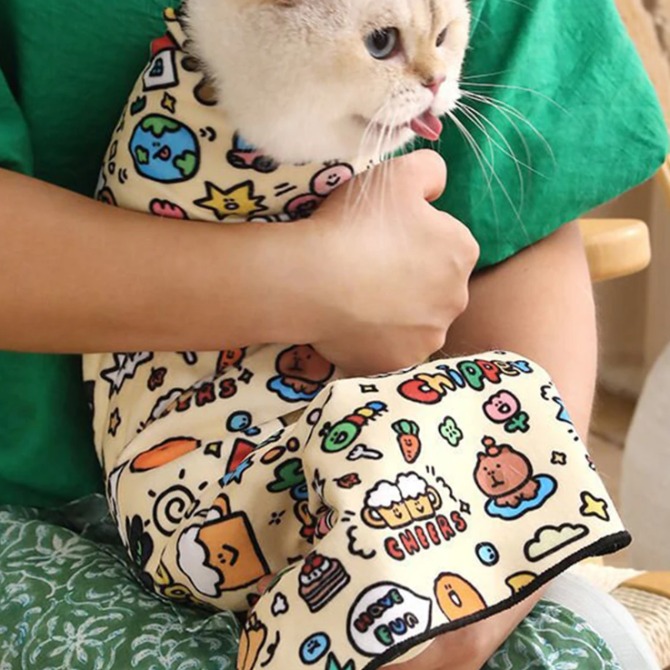 Cat wearing a colorful wrap with cartoon designs, held by a person in a green shirt.